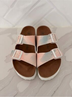 Papillon by Birkenstock Two-Strap Arizona Sandals in Pink and Light Blue Tie-Dye